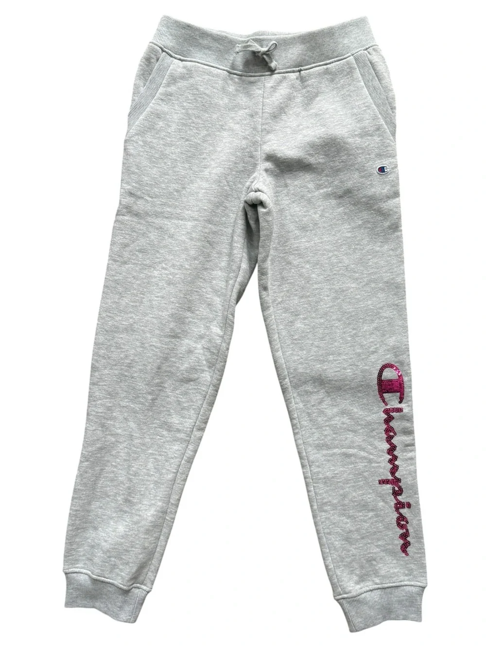 Champion Powerblend Girls Gray Joggers Pink Sequin Logo. Youth Large. NEW